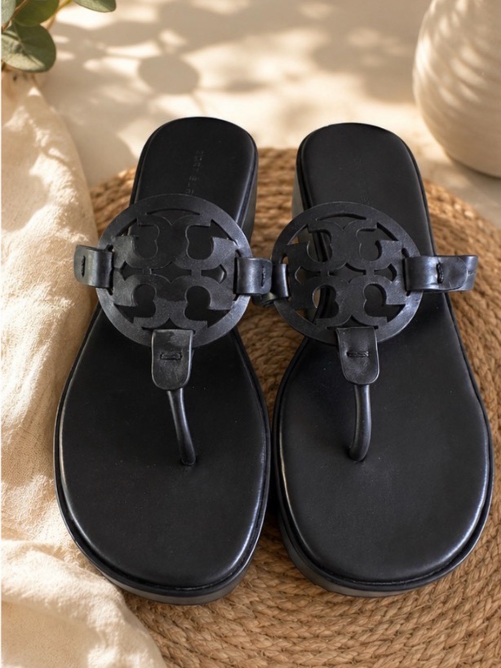 Tory Burch Black Miller Round Logo Thong Sandals
